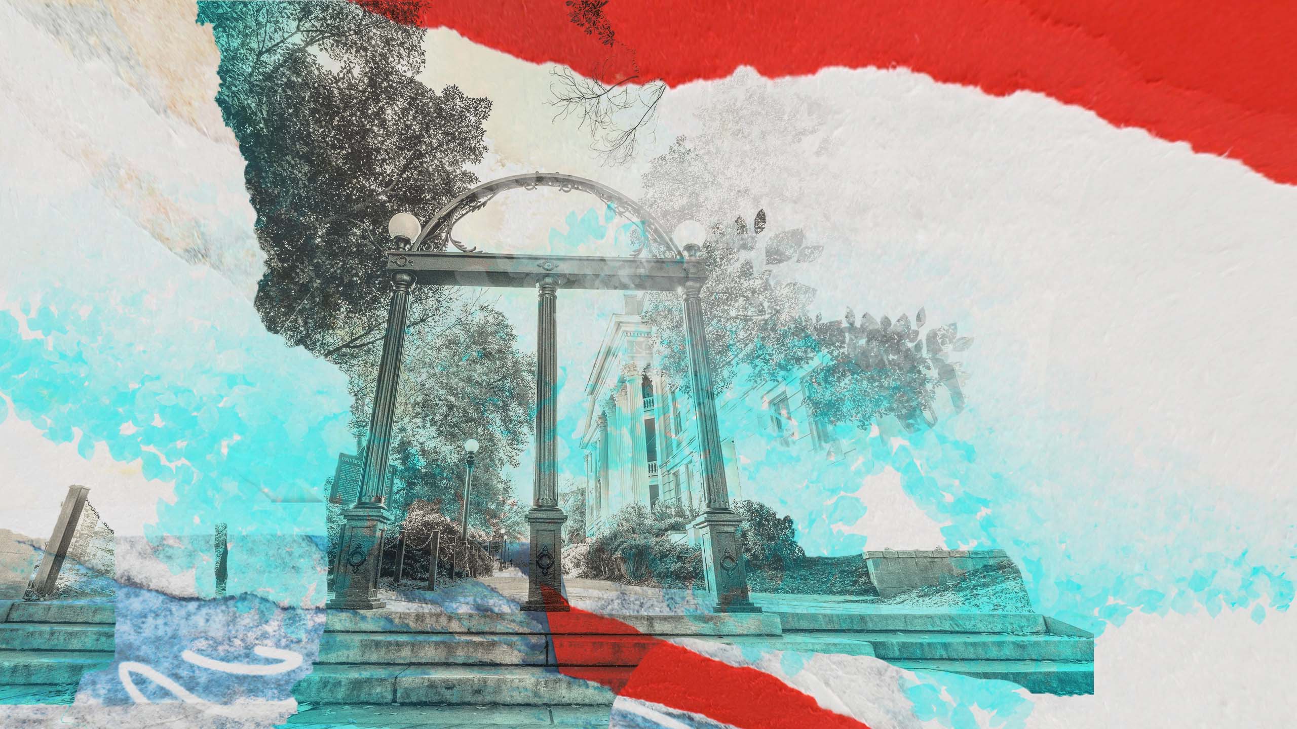 Digital collage of the Arch, heavily textured with plaster and torn paper effects .
