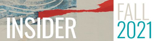 'Insider' set in white sans-serif font over a collage paper texture. Adjacent text reads 'Fall 2021'