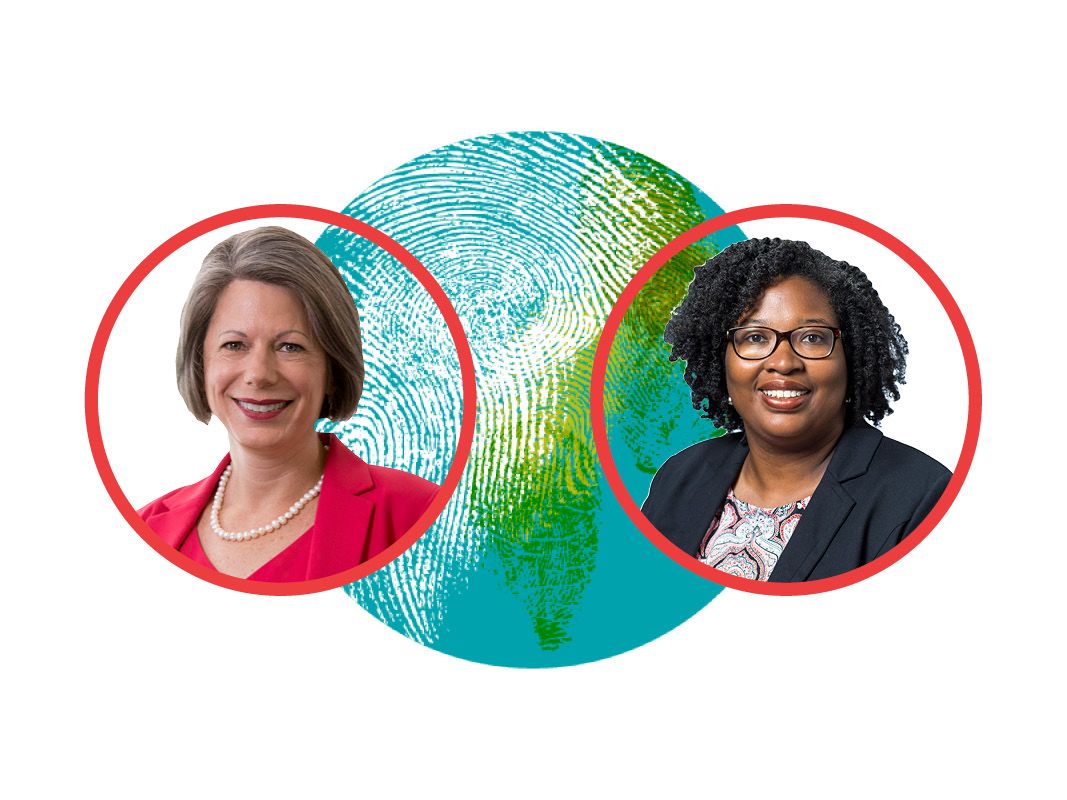 Red-framed, round portraits of MFE COE dean Denise Spangler and Dean of Diversity, Equity and Inclusion Marian Higgins overlap an abstract depiction of Earth. The illustration of Earth depicts land forms and clouds with a fingerprint texture.