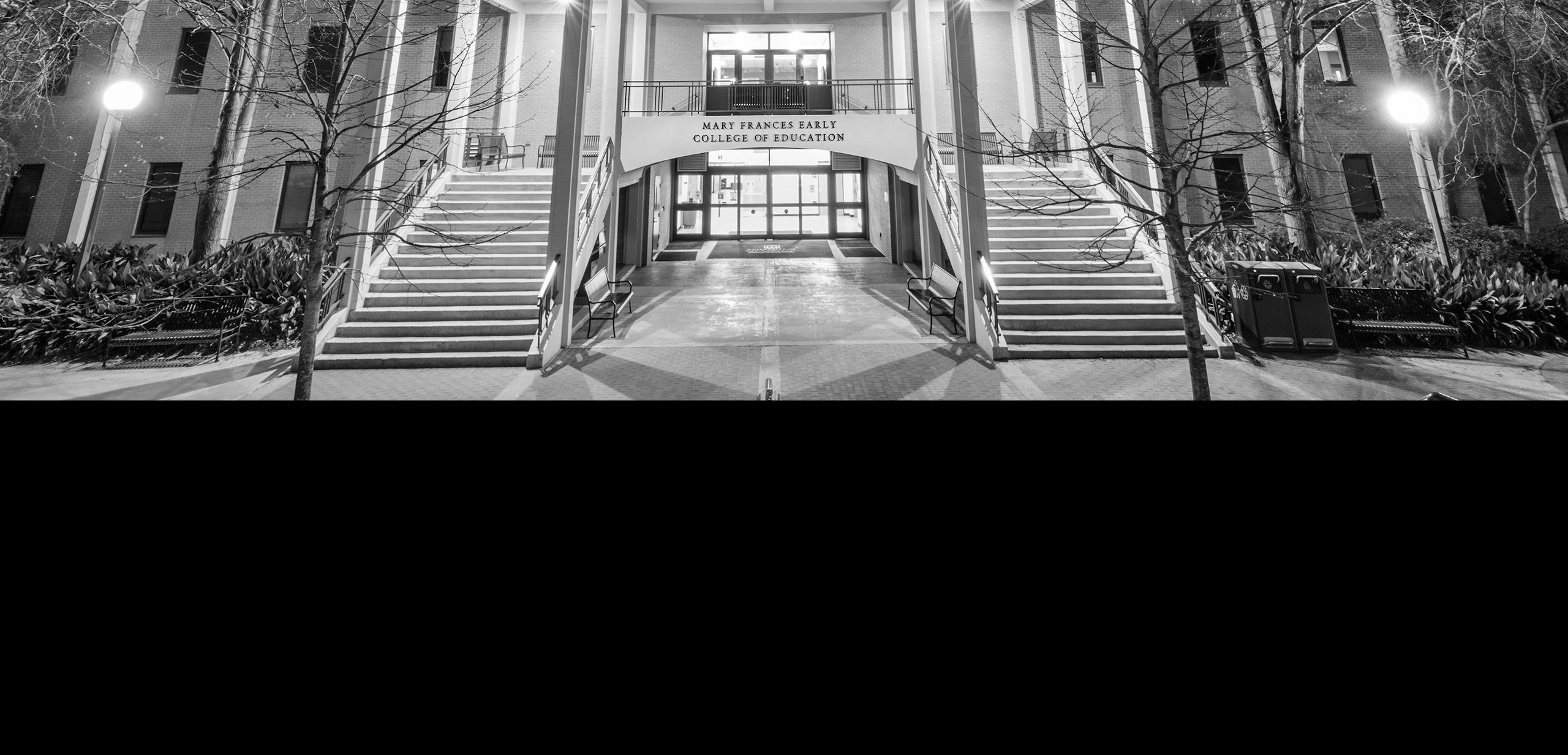 Black and white picture of the front of Mary Frances Early College of Education.