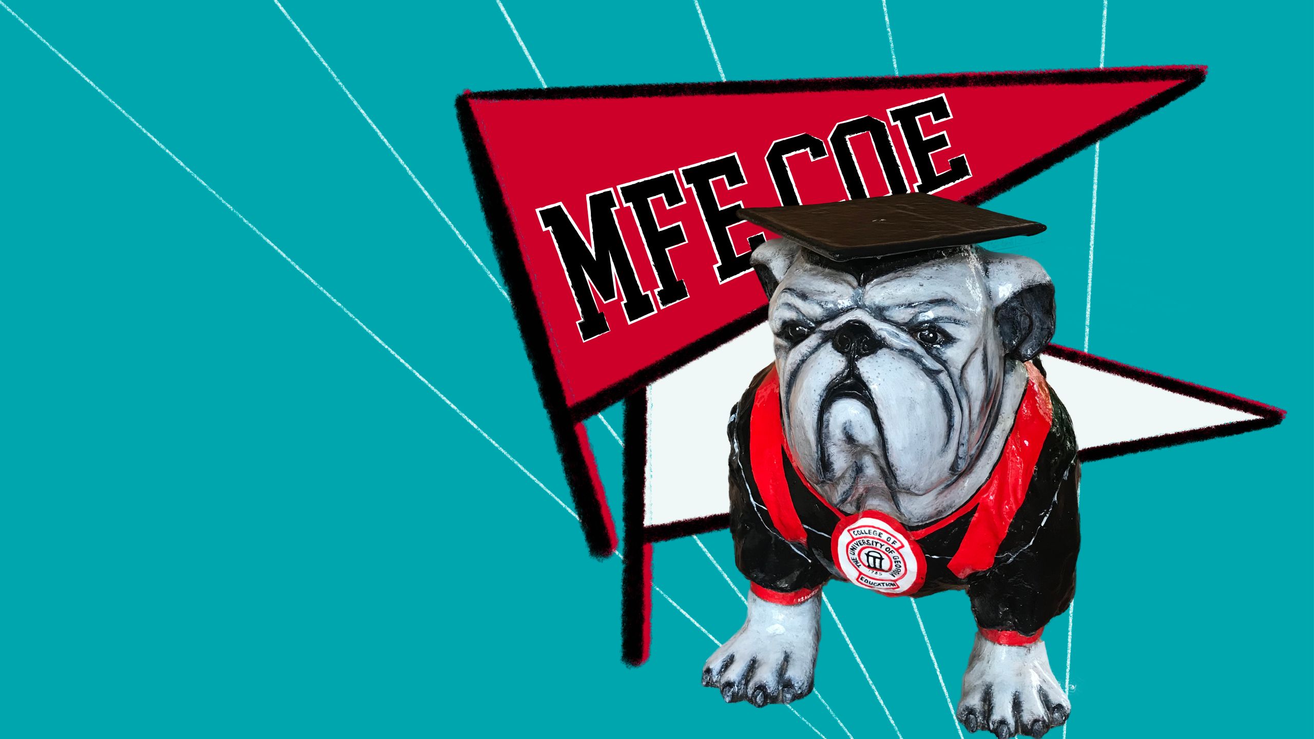 A composite illustration of Edudawg, COE's Bulldog statue, and some illustrated pennants