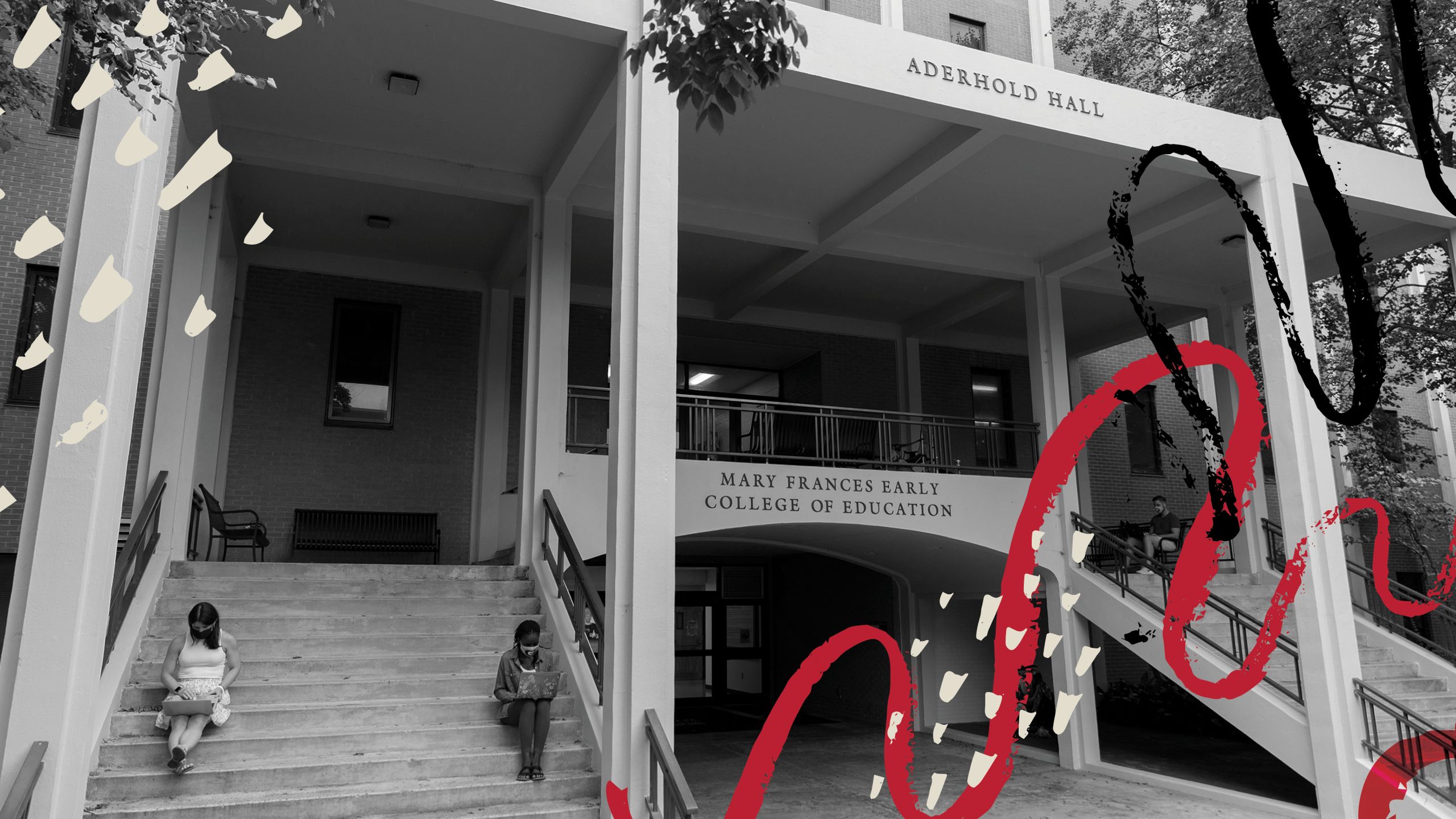 Black and white photo of the 1st floor entrance to Aderhold Hall. Masked students sit several feet apart on the stairs and benches. Red, black and cream-colored pencil doodles accent the photo.