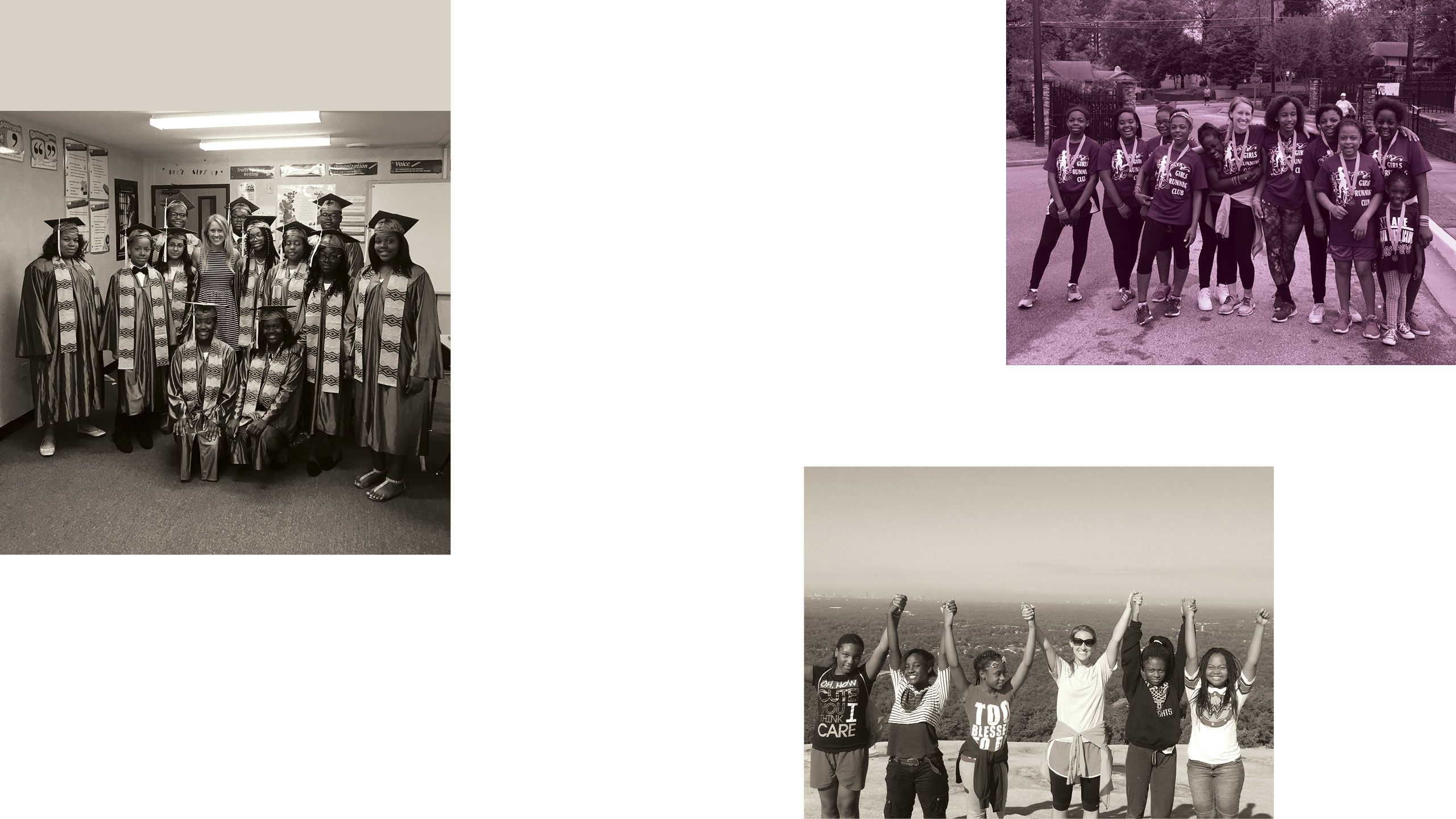 An image collage of snapshots of Atlanta Youth Academy students on graduation day and on a hiking field trip