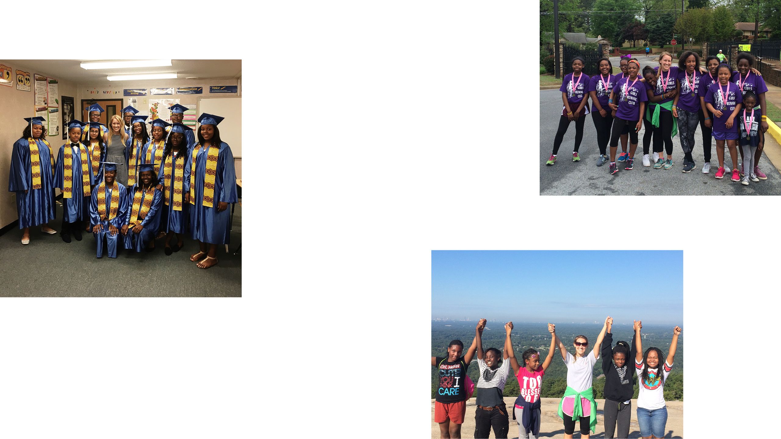 An image collage of snapshots of Atlanta Youth Academy students on graduation day and on a hiking field trip