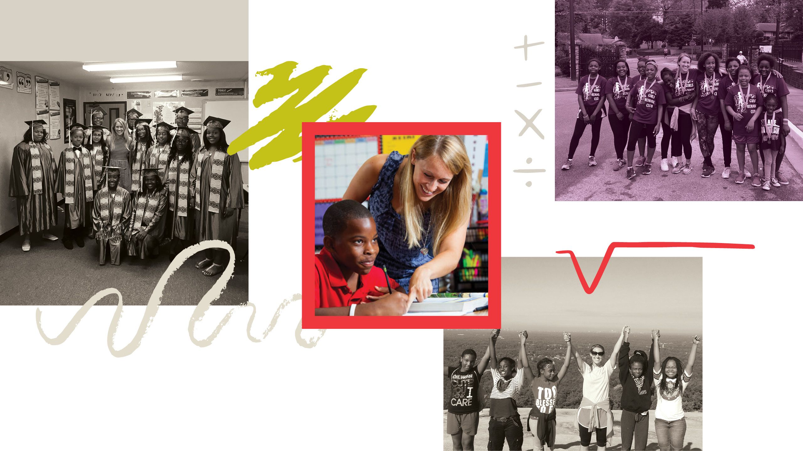 An image collage of snapshots of Atlanta Youth Academy students on graduation day and on a hiking field trip, and an inset photo of Katie Martin working with a young student