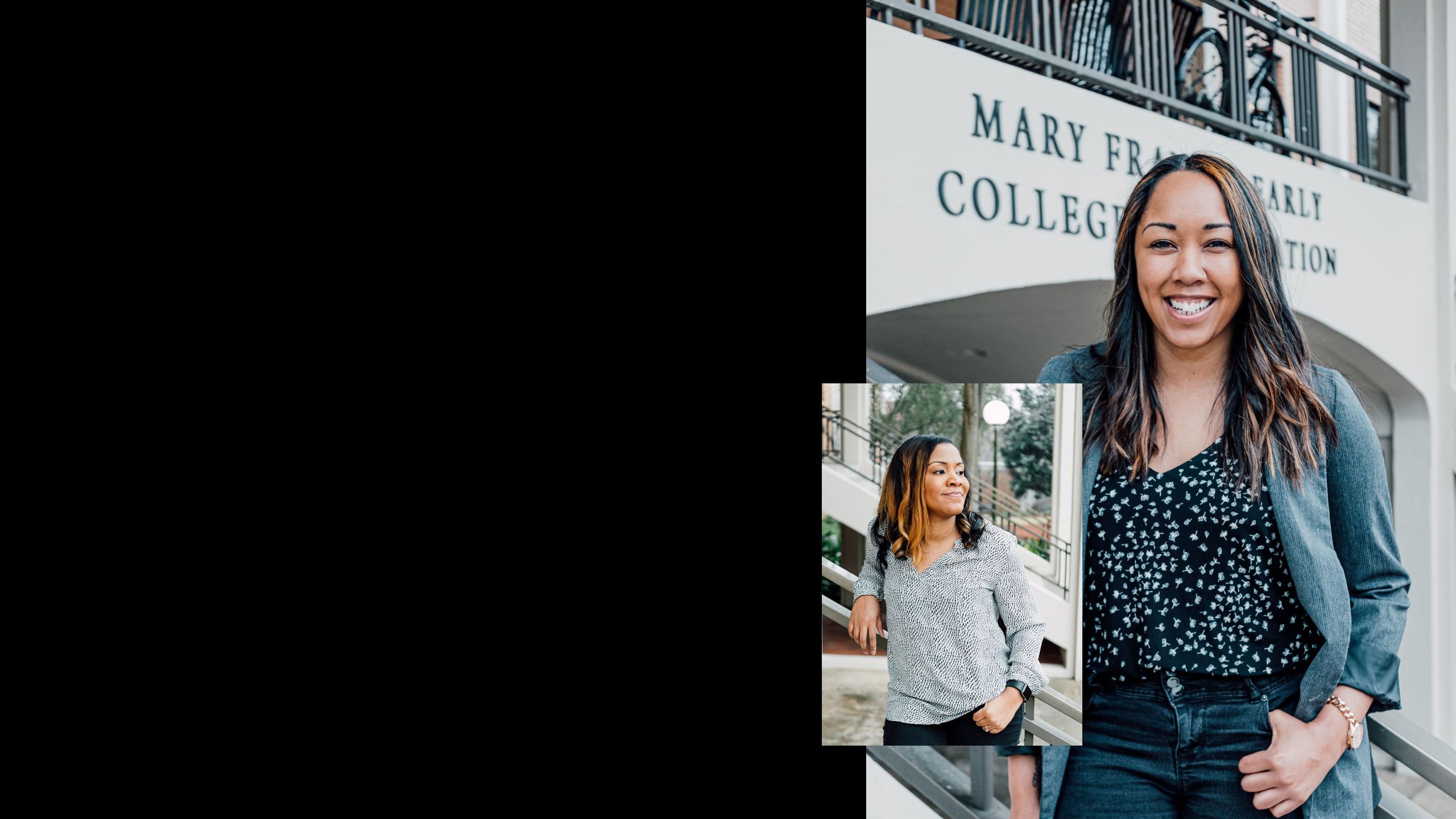 Shawntell Pace stands in front of the Mary Frances Early College of Education. Inset image: Ecclesia Holmes