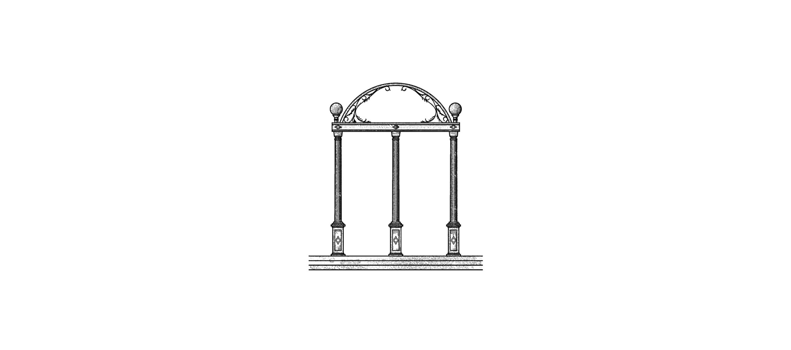 Stipple-style black and white illustration of UGA's Arch