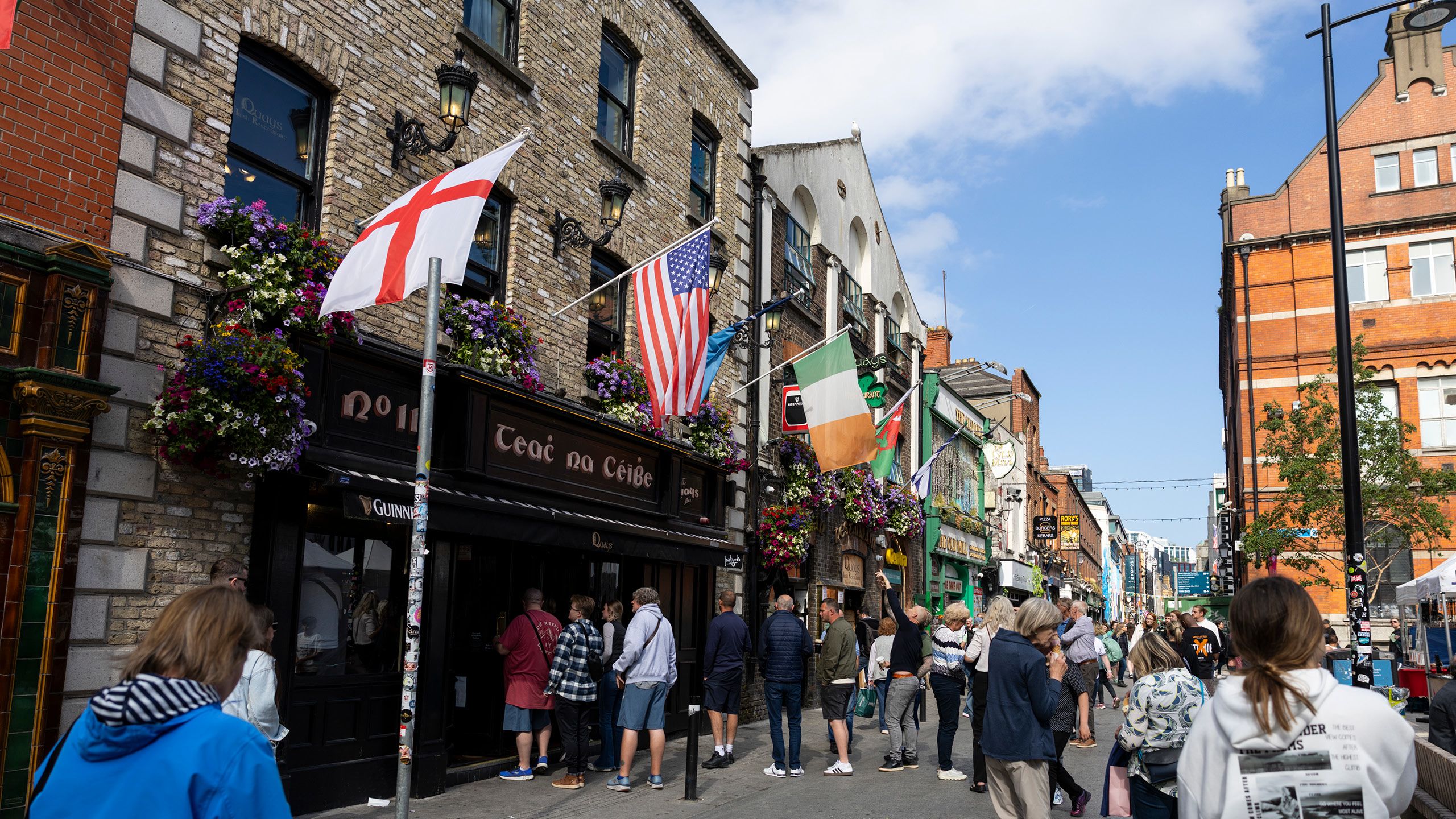 View of pedestrians walking in the Temple Bar neighborhood in Dublin, Ireland.