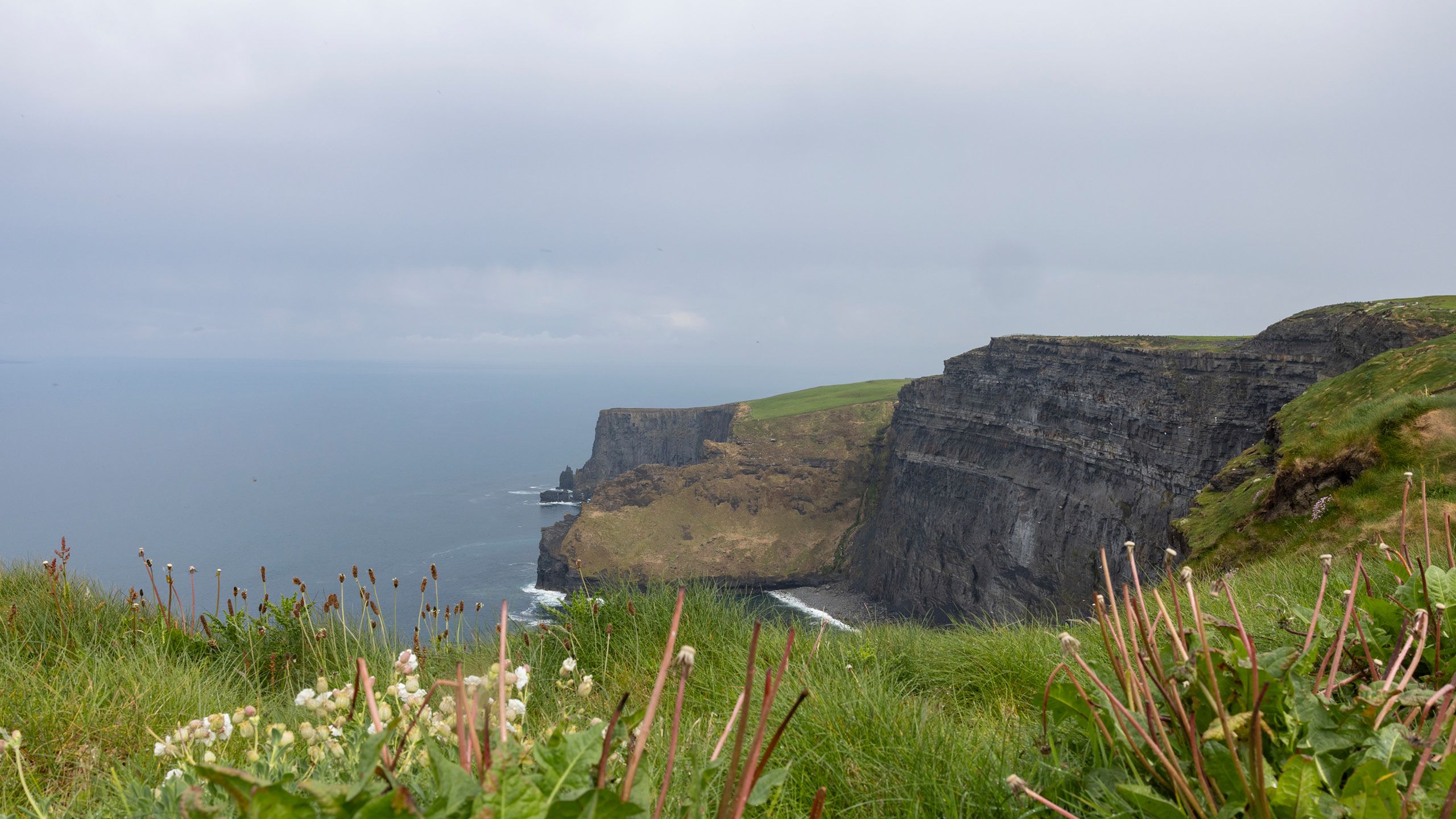 Scenic view of the Cliffs of Moher on a rainy day.