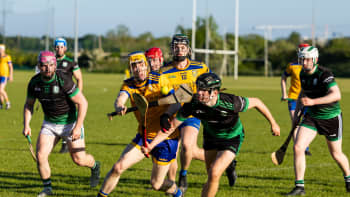 Hurling action during a match between Na Fianna and Lucan Sarsfields at Na Fianna Gaelic Athletic Association (GAA) in Dublin.