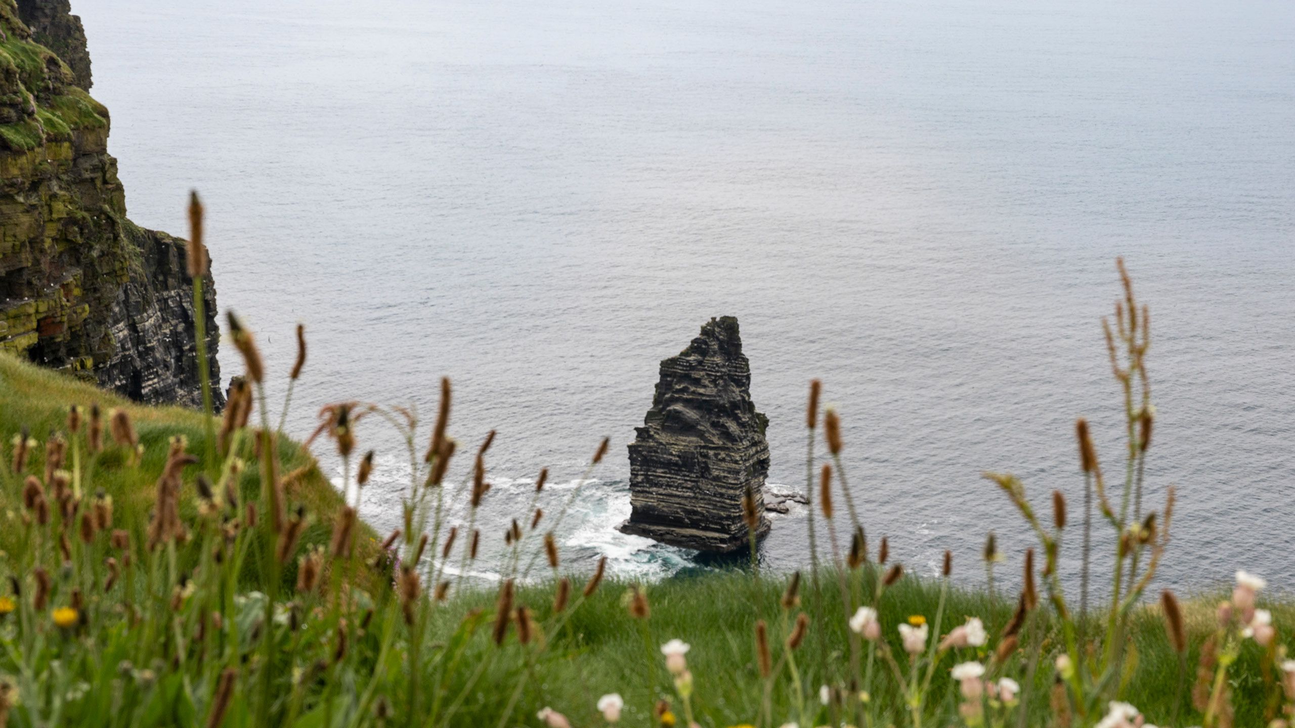 Scenic view of the Cliffs of Moher on a rainy day.